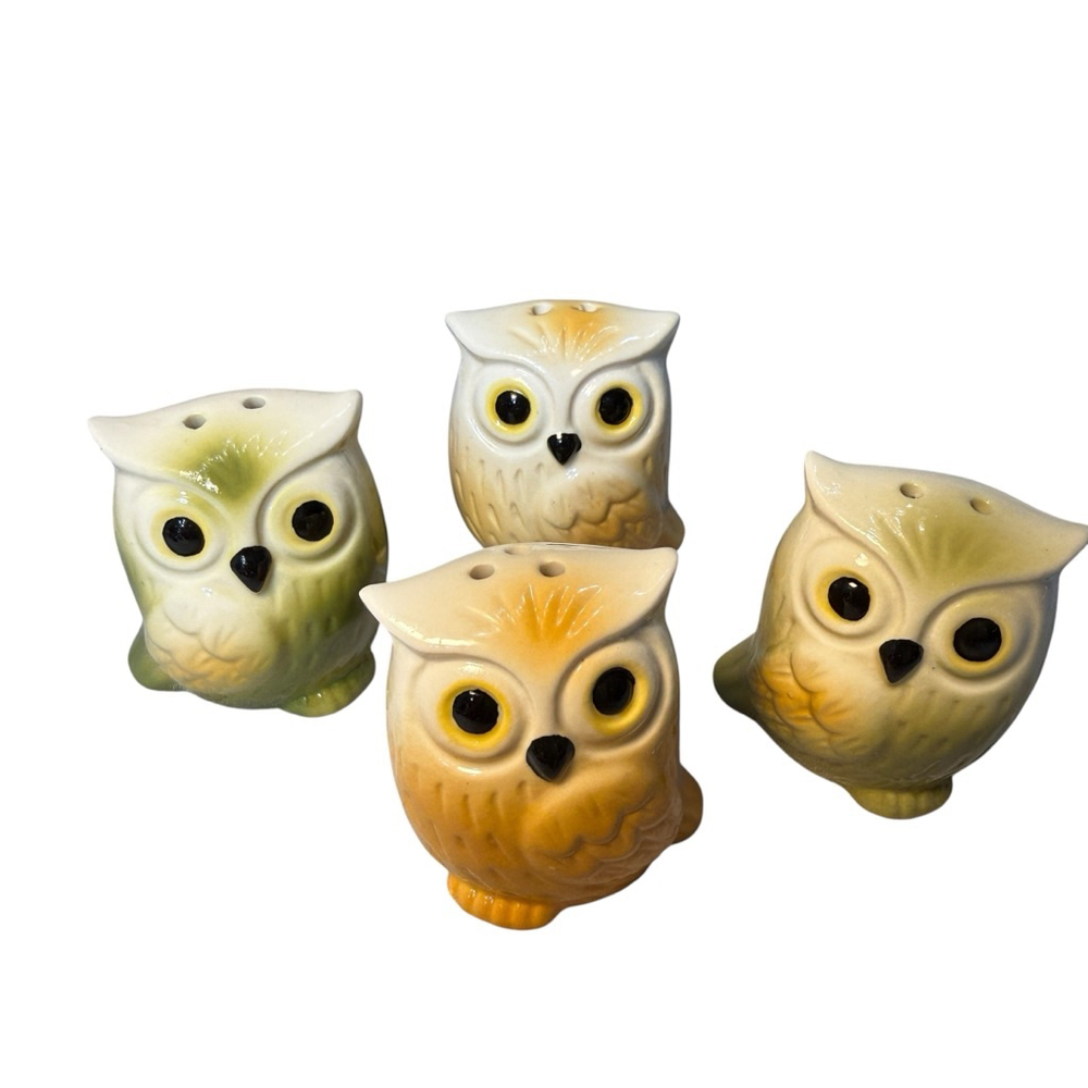 Owl Salt & Pepper Shakers Set of 4 Ceramic Neutral Tones Farmhouse Cottage Decor